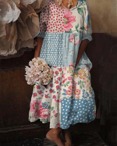 Vintage Bohemian Resort Floral Casual Short Sleeve Midi Dress
