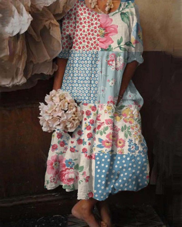 Vintage Bohemian Resort Floral Casual Short Sleeve Midi Dress