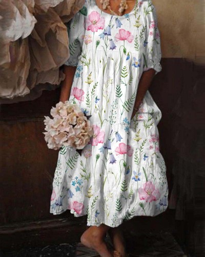 Floral Casual Short Sleeve Midi Dress
