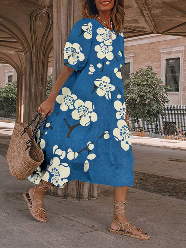 Causal Blue Floral Japanese Art And Spring Midi Dress