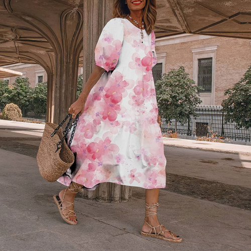 Causal Pink Floral Japanese Art And Spring Midi Dress