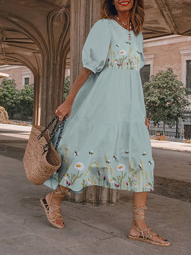 Flying Bee Embroidery Art And Spring Daisies Midi Dress