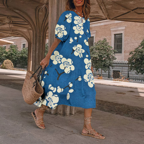 Causal Blue Floral Japanese Art And Spring Midi Dress