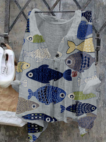 Vintage Fish Japanese Art Linen Blend Flowy Shirt