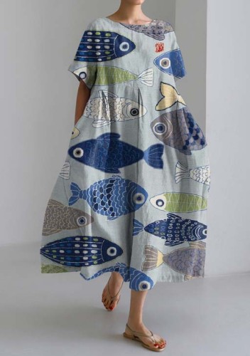 Vintage Fish Japanese Art Blend Crew Neck Short Sleeve Dress