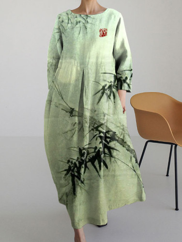 Retro Bamboo Art Print Round Neck Long Sleeve Dress
