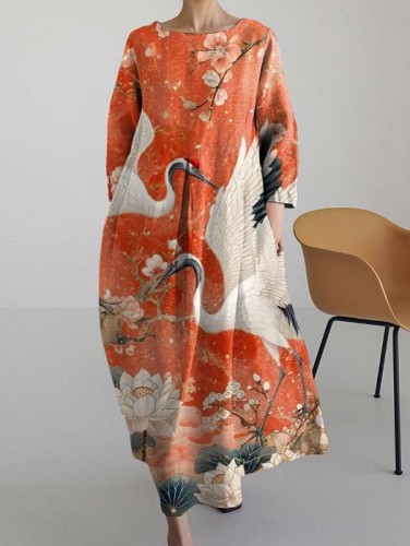 Retro Japanese Art Print Round Neck Long Sleeve Dress
