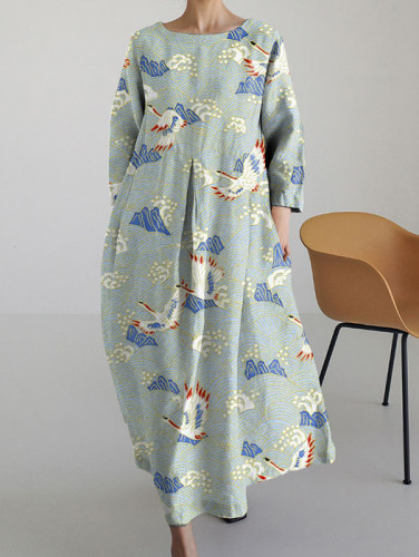 Retro Japanese Art Print Round Neck Long Sleeve Dress