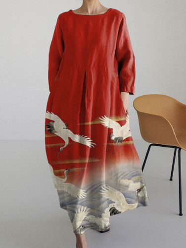 Tsuru Japanese Art Round Neck Long Sleeve Dress