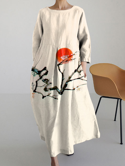 Japanese Art Print Round Neck Long Sleeve Dress