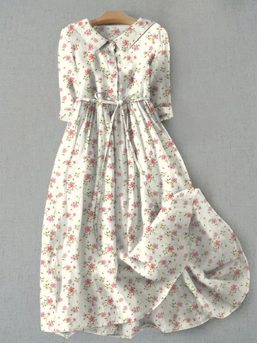Casual Floral Art Print Tie Loose Dress