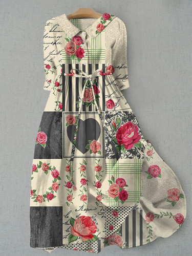 Bohemian Resort Style Floral Heart Print Tie Dress