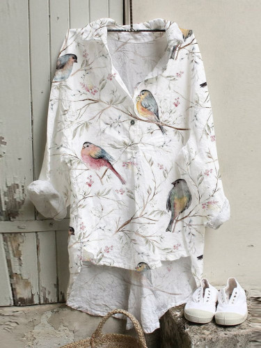 Women's Flower and Bird Watercolor Art Loose Shirt