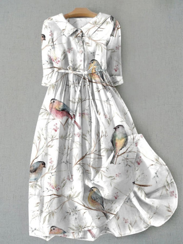 Comfortable Flower and Bird Watercolor Art Thin Strap Shirt Collar Dress