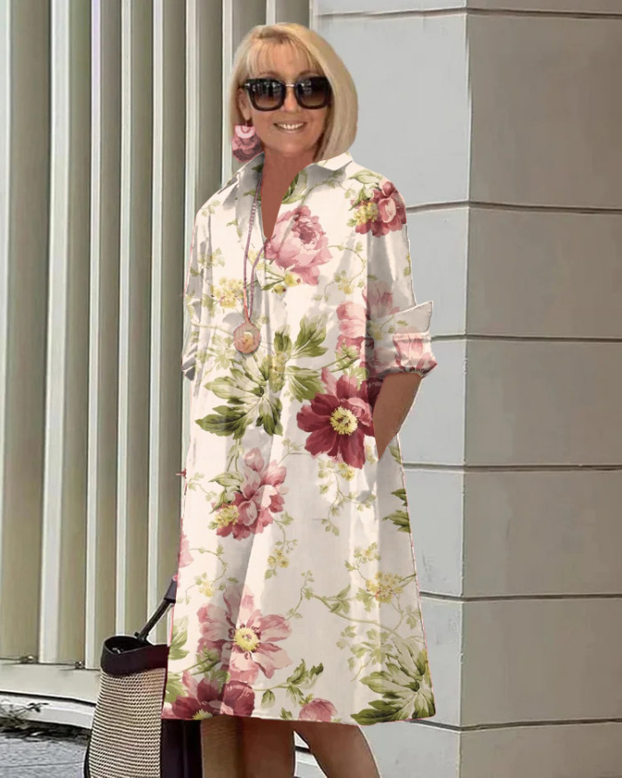 Spring and Summer Floral Long Sleeve Pocket Shirt Dress