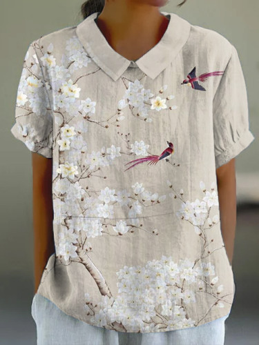 Women's Floral Bird Print Short Sleeve Top