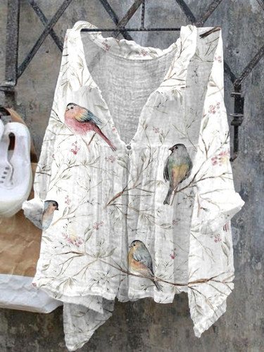 Cozy Flowers And Birds Watercolor Art  Linen Blend Shirt