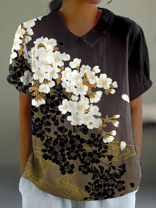 Japanese Contrast Floral Art Short-sleeved Top