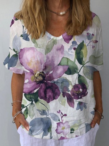 Women's Retro Floral Casual V-Neck Cotton And Linen Top