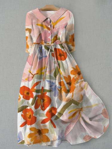 Women's Vintage Floral Design Printed Lace-Up Dress