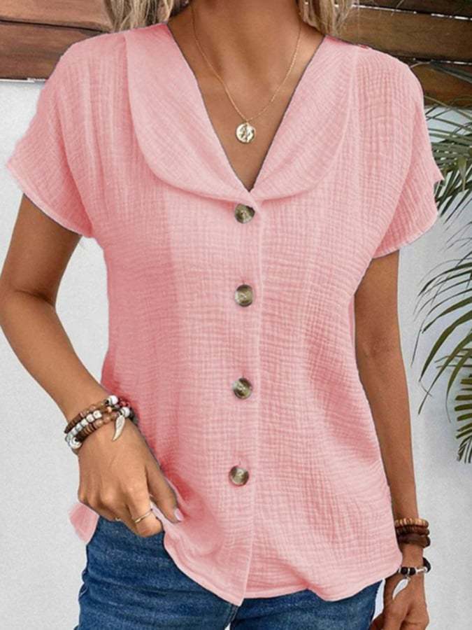 Women's Textured Fabric Dolly Collar Button Design Casual Shirt