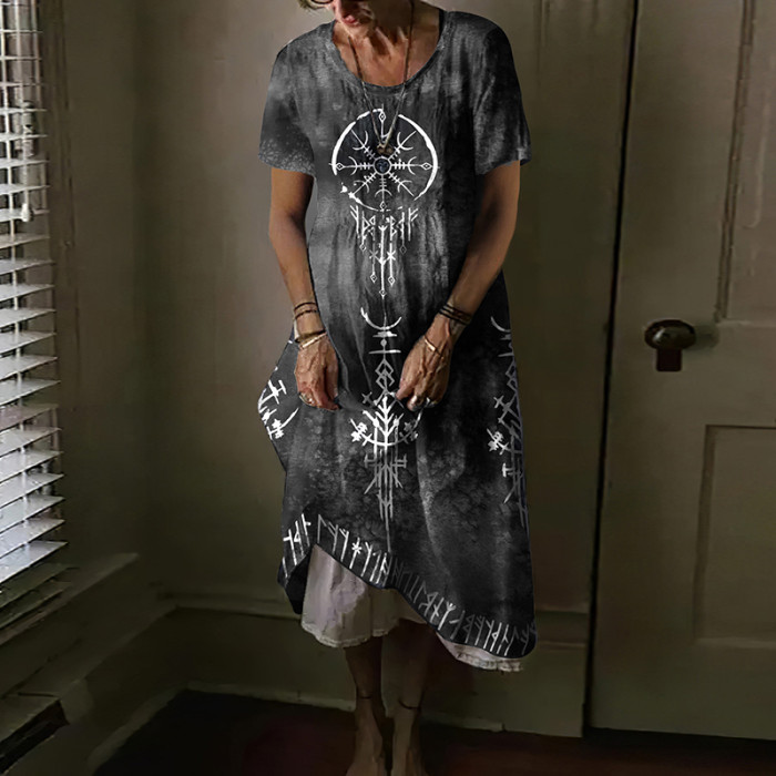 Tribal Viking Graphic Print Linen Midi Dress