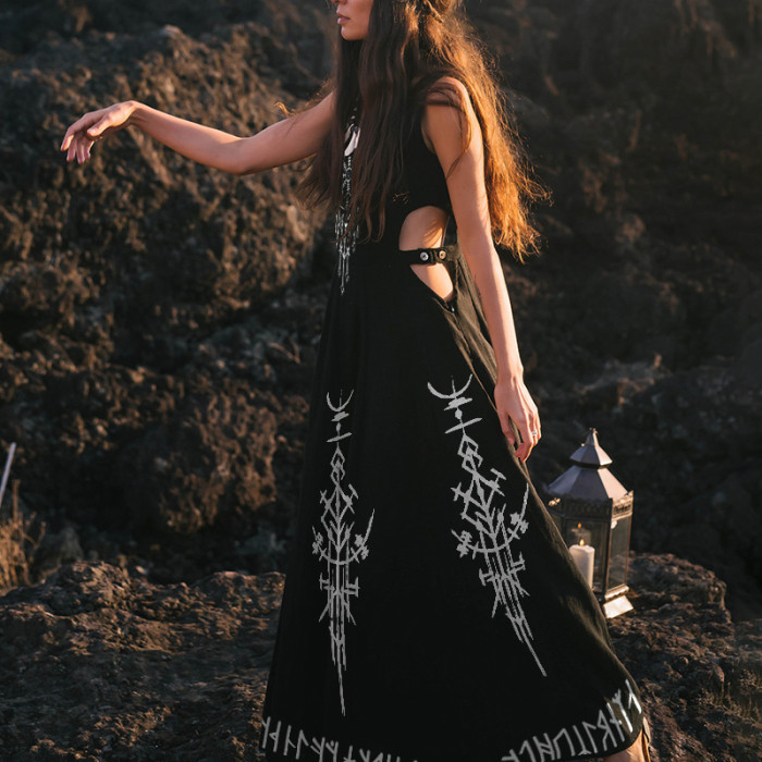 Retro Viking Totem Print Hollow Design Vest Maxi Dress