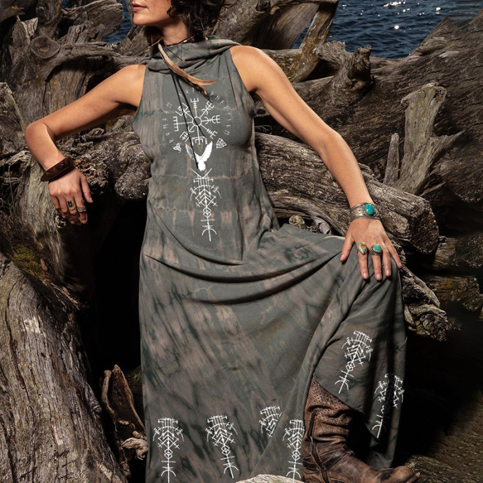 Tribal Totem Viking Ethnic Graphics Maxi Hooded Dress