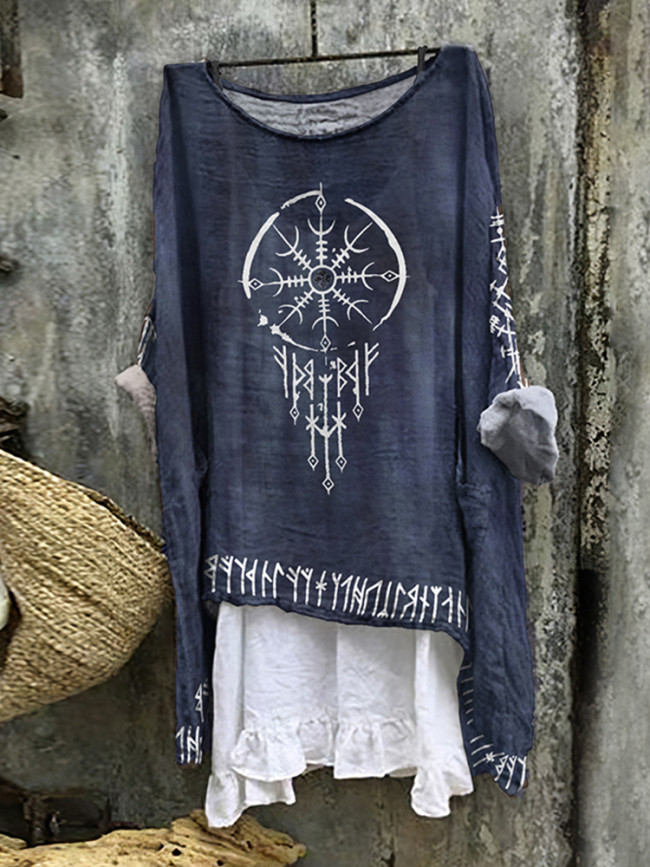 Tribal Viking Totem Tie-Dye Printed Linen Blouse