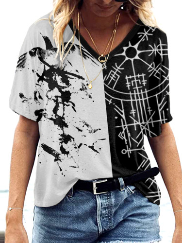 Women's Tribal Bird Viking Splicing Graphics V Neck T-Shirt