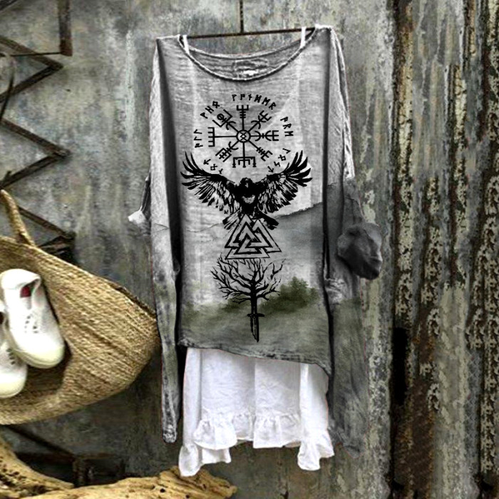 Tribal Bird Viking Ethnic Landscape Smudge Print Blouse