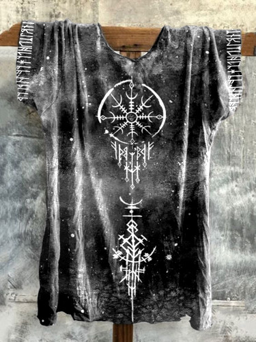 Viking Totem Tie-Dye Printed Round Neck Short-Sleeved T-Shirt