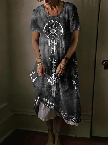 Tribal Viking Graphic Print Linen Midi Dress