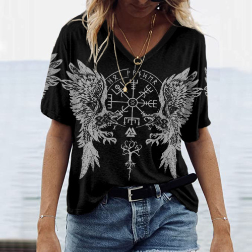 Women's Tribal Bird Viking Graphics V Neck T-Shirt