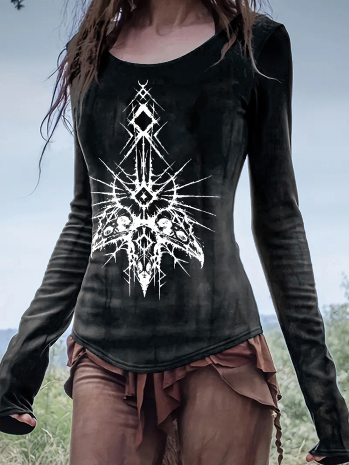 Ravens & Rune Print Casual Long Sleeve T-Shirt