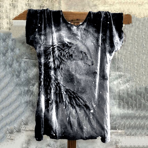 Vintage Tribal Viking Wings Print Washed T-Shirt