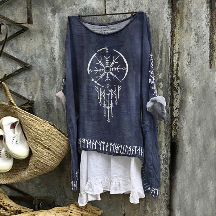 Tribal Viking Totem Tie-Dye Printed Linen Blouse