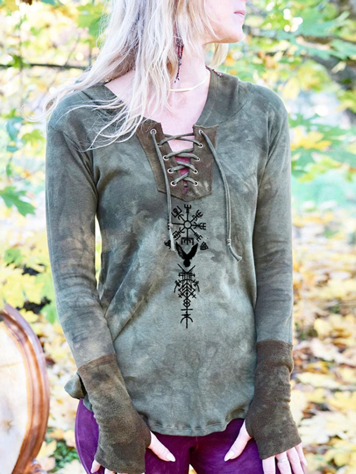 Vintage Viking Ethnic Graphics Long Sleeve Lace Up Hooded T-Shirt