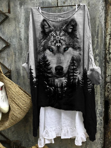 Vegvisir Wild Wolf Forest Contrast Linen Blend Tunic
