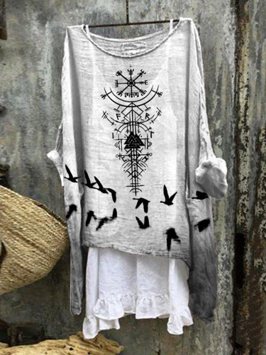 Tribal Ethnic Bird Landscape Gradient Print Blouse