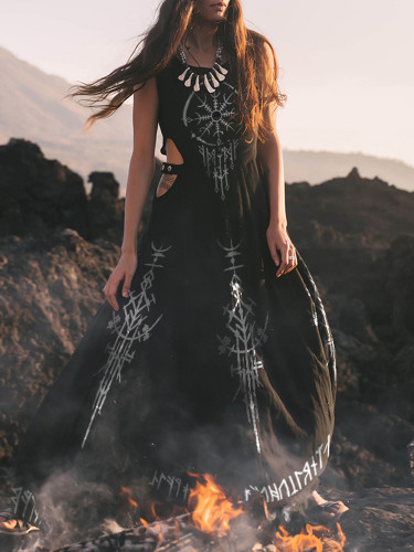 Retro Viking Totem Print Hollow Design Vest Maxi Dress