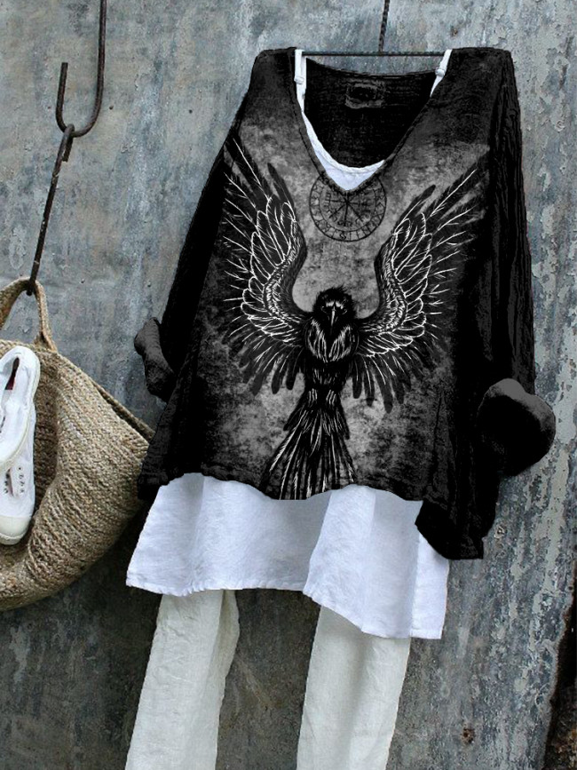 Viking Raven And Vegvisir Graphic Linen Blend Tunic