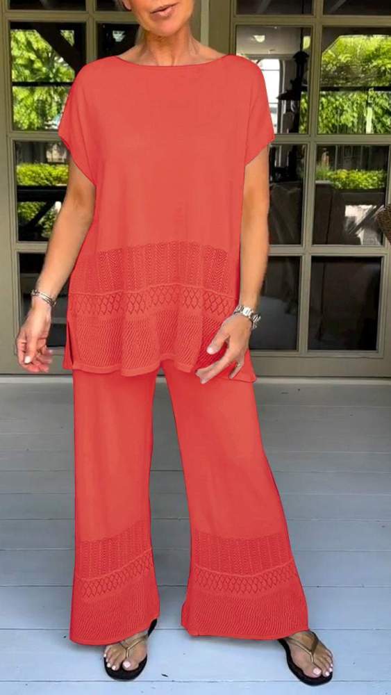 Two-piece Suit with Round Neck, Short Sleeves and Cutout Design