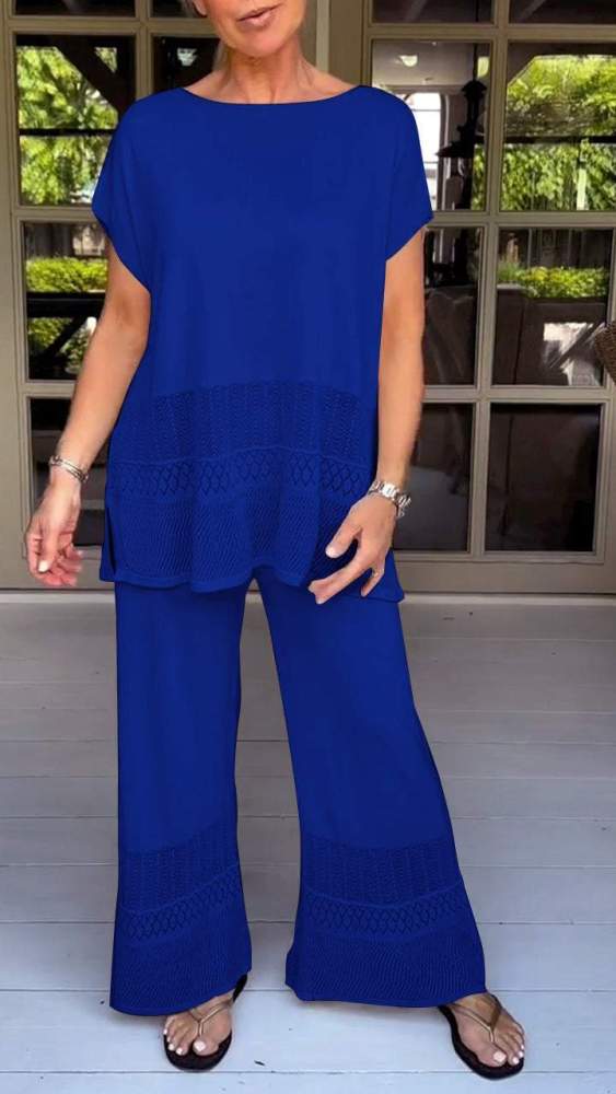 Two-piece Suit with Round Neck, Short Sleeves and Cutout Design