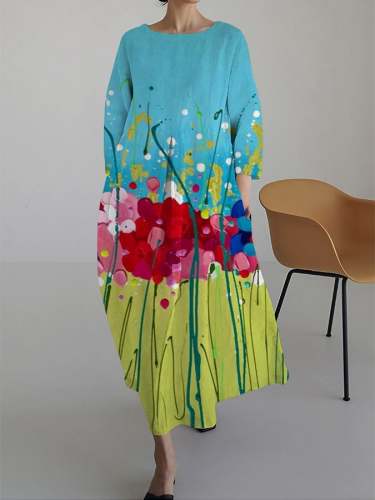 Ladies Oil Painting Floral Print Casual Loose Dress