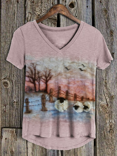 Farm Sheep Sunset Landscape Felt Art T Shirt