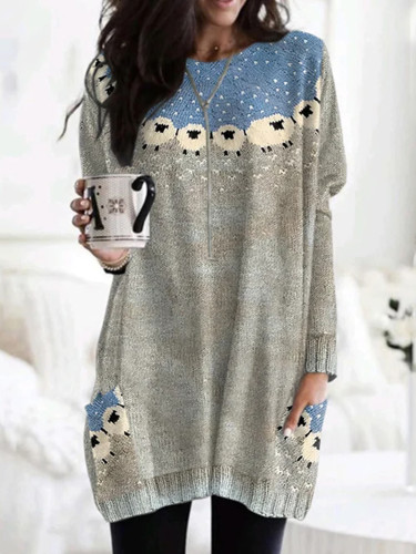 Retro Sheep Color Block With Pockets Pattern Long Sleeve Loose T-Shirt