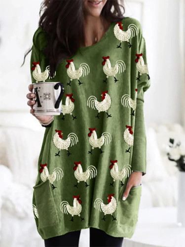 Roosters Embroidery Pattern Patch Pocket Cozy Tunic