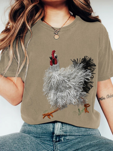 Vintage Cute Farm Chicken Round Neck Casual T Shirt