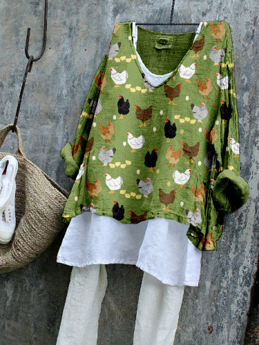Hens and Chicks Graphic Vintage Linen Blend Tunic